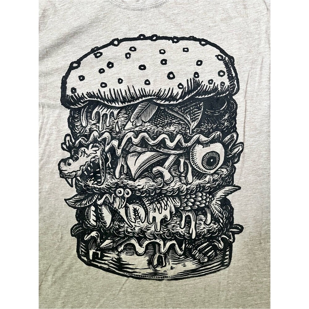 Graphic Monster Burger Tee Mens Size Large Heathered Brown Hand Silkscreened